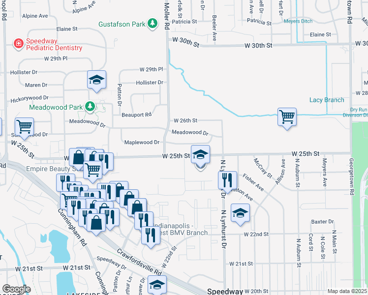 map of restaurants, bars, coffee shops, grocery stores, and more near 5419 Maplewood Dr in Speedway