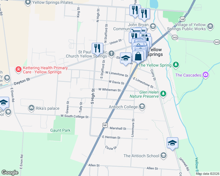 map of restaurants, bars, coffee shops, grocery stores, and more near 133 West Whiteman Street in Yellow Springs