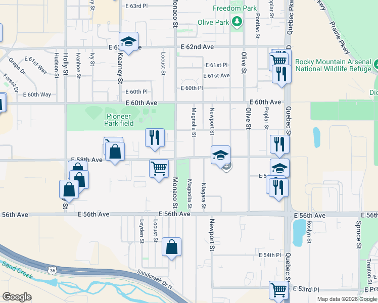 map of restaurants, bars, coffee shops, grocery stores, and more near 5815 Magnolia Street in Commerce City