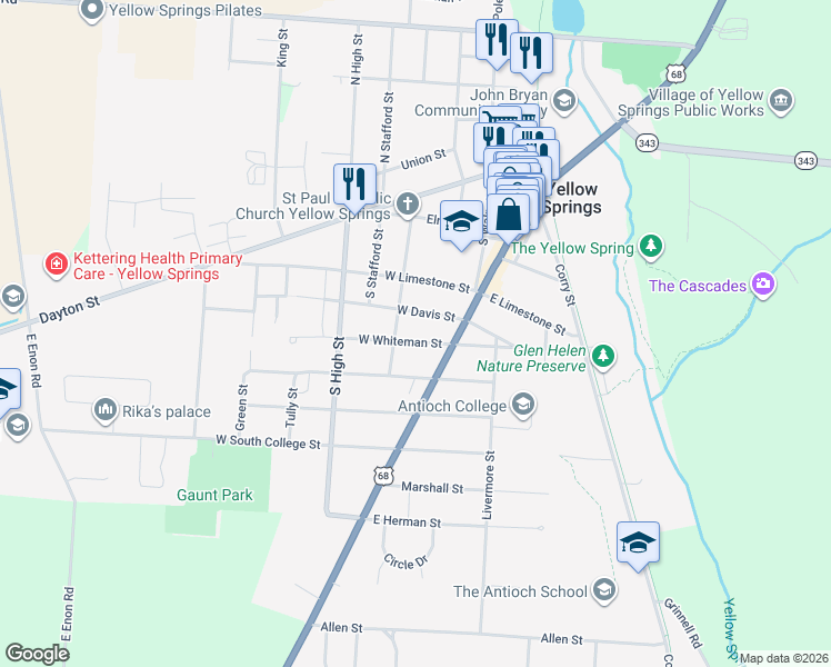 map of restaurants, bars, coffee shops, grocery stores, and more near 133 West Whiteman Street in Yellow Springs