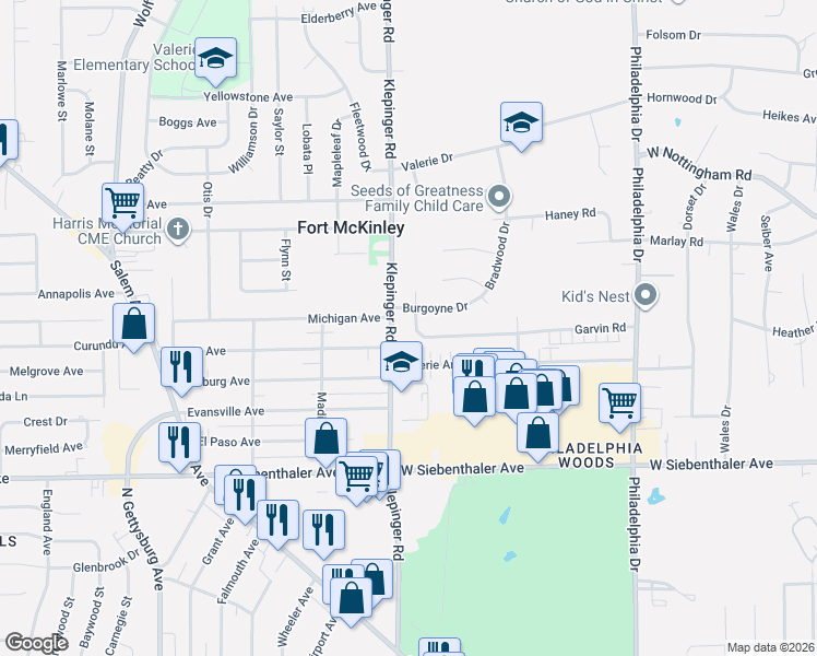 map of restaurants, bars, coffee shops, grocery stores, and more near 3822 Klepinger Road in Dayton