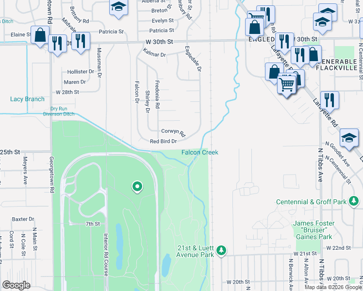 map of restaurants, bars, coffee shops, grocery stores, and more near 4001 Red Bird Drive in Indianapolis