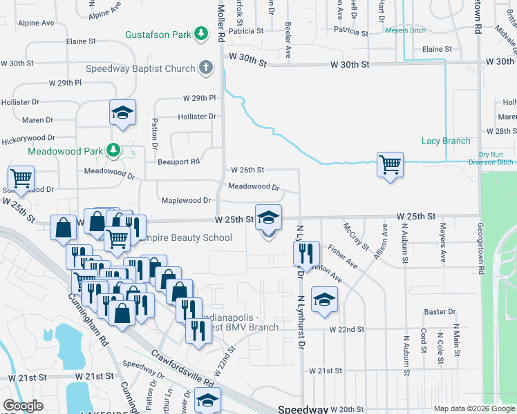 map of restaurants, bars, coffee shops, grocery stores, and more near 5361 Maplewood Drive in Speedway