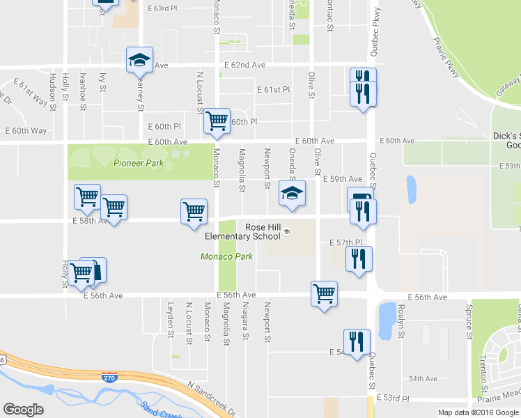 map of restaurants, bars, coffee shops, grocery stores, and more near 5817 Newport Street in Commerce City