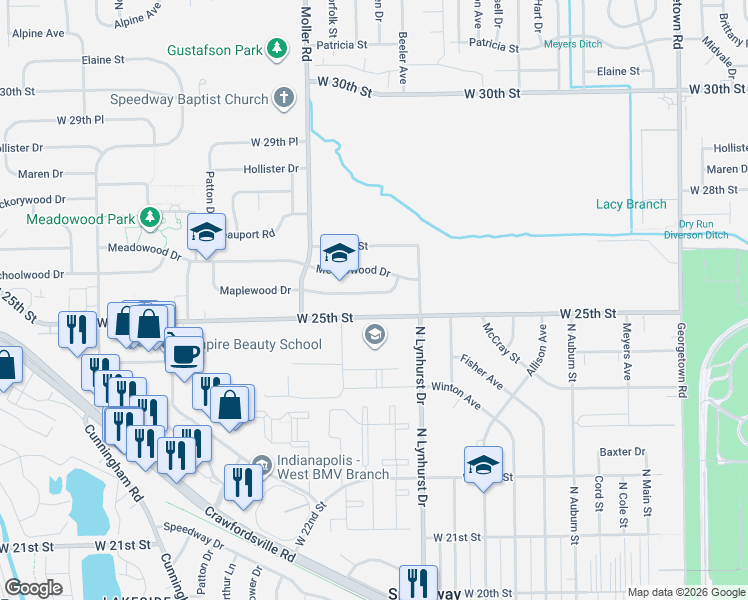 map of restaurants, bars, coffee shops, grocery stores, and more near 5361 Maplewood Drive in Speedway