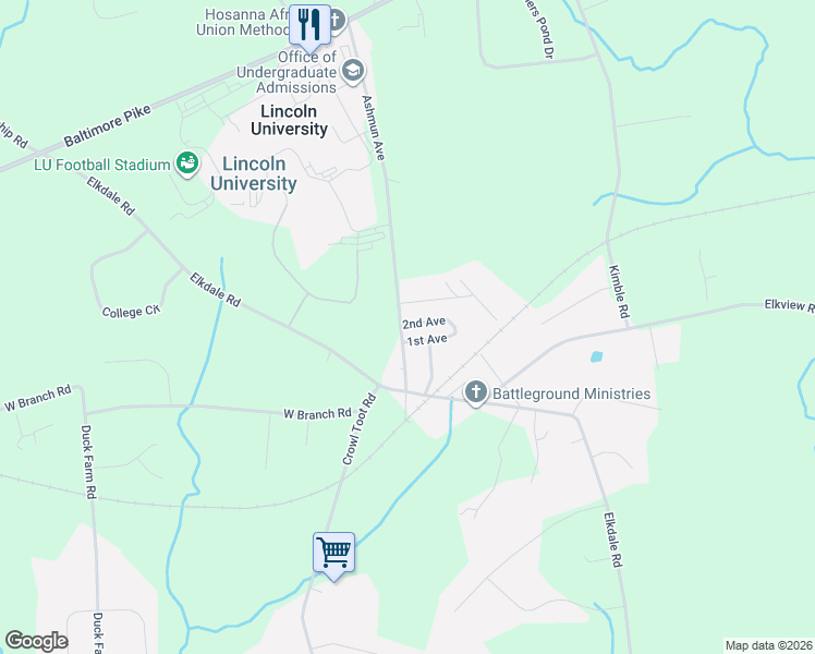 map of restaurants, bars, coffee shops, grocery stores, and more near 250 Ashmun Avenue in Lincoln University