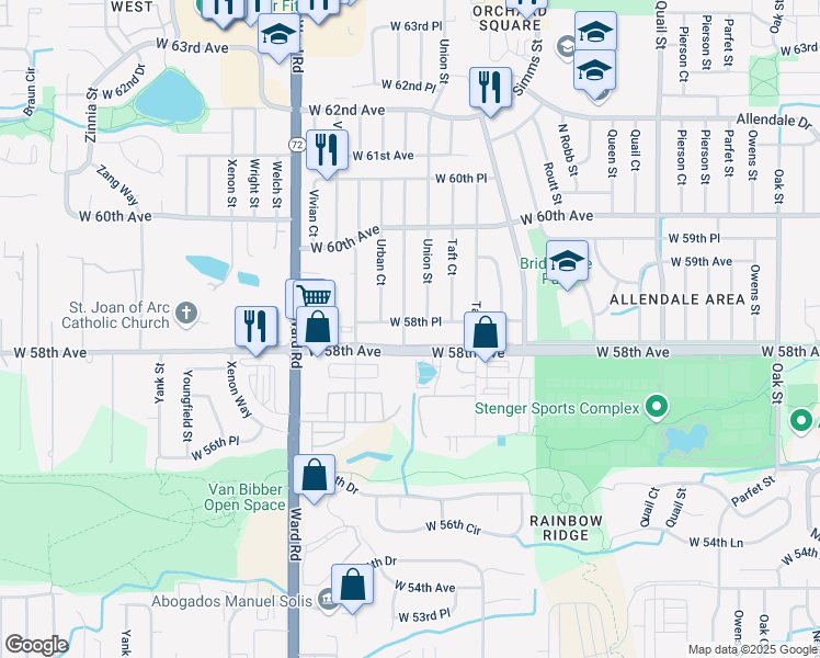 map of restaurants, bars, coffee shops, grocery stores, and more near 5820 Urban Street in Arvada