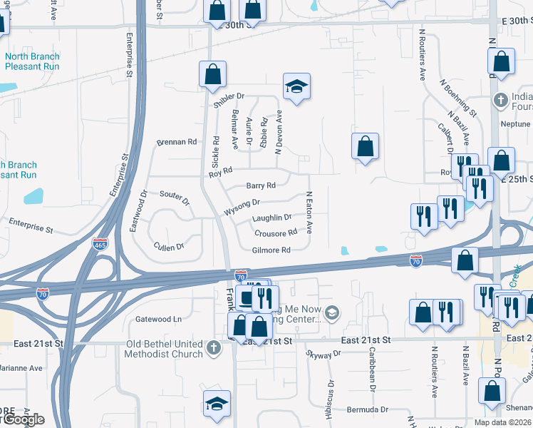 map of restaurants, bars, coffee shops, grocery stores, and more near 8206 Laughlin Drive in Indianapolis