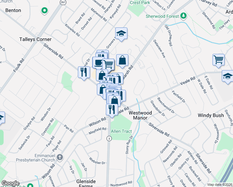 map of restaurants, bars, coffee shops, grocery stores, and more near 1803 Marsh Road in Wilmington
