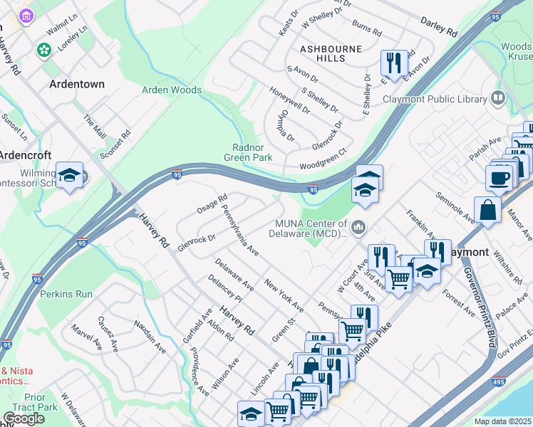 map of restaurants, bars, coffee shops, grocery stores, and more near 46 Miles Road in Claymont