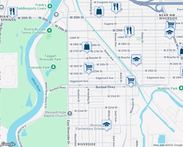 map of restaurants, bars, coffee shops, grocery stores, and more near 1347 W 25th St in Indianapolis