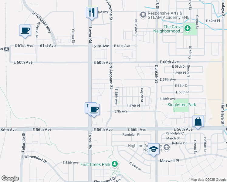 map of restaurants, bars, coffee shops, grocery stores, and more near 18761 East 58th Avenue in Denver