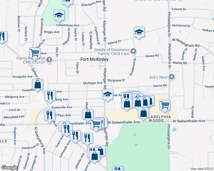 map of restaurants, bars, coffee shops, grocery stores, and more near 3822 Klepinger Road in Dayton