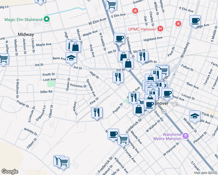 map of restaurants, bars, coffee shops, grocery stores, and more near 316 High Street in Hanover