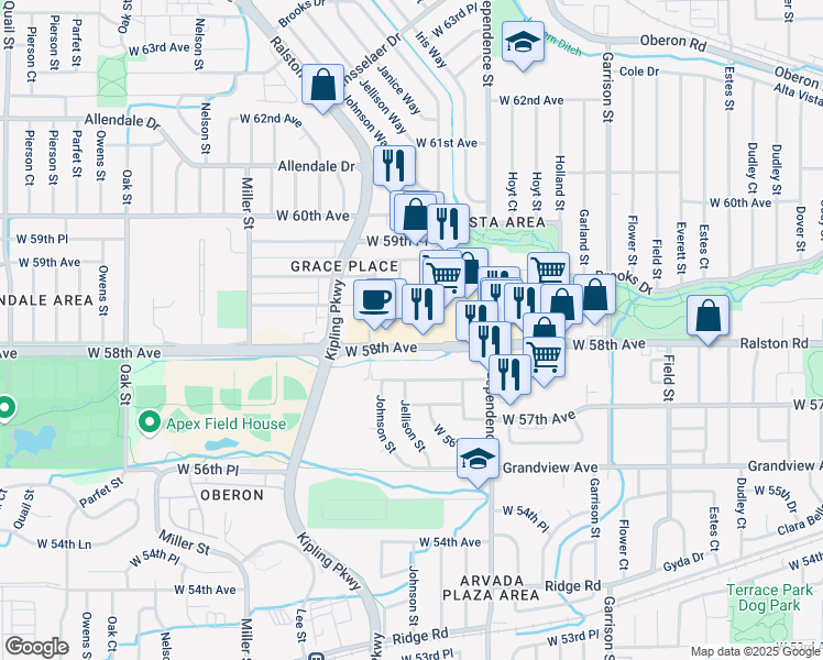 map of restaurants, bars, coffee shops, grocery stores, and more near 9825 West 58th Avenue in Arvada