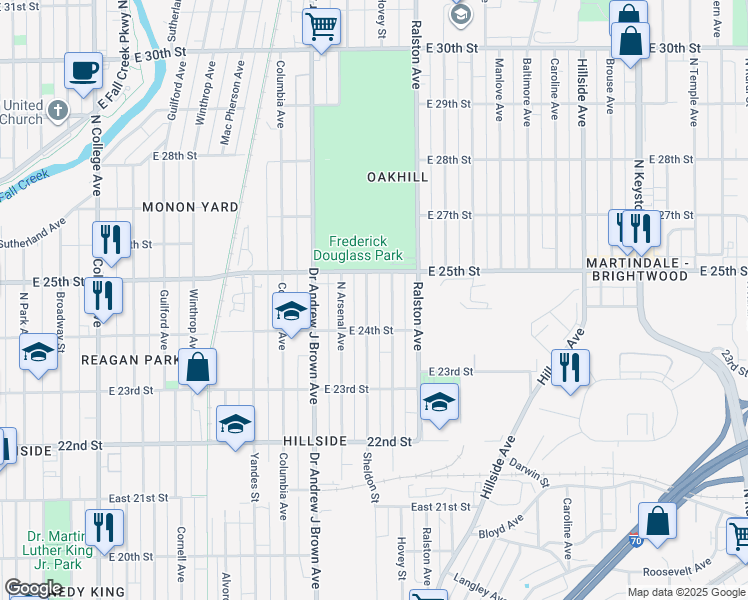map of restaurants, bars, coffee shops, grocery stores, and more near 2433 Sheldon St in Indianapolis