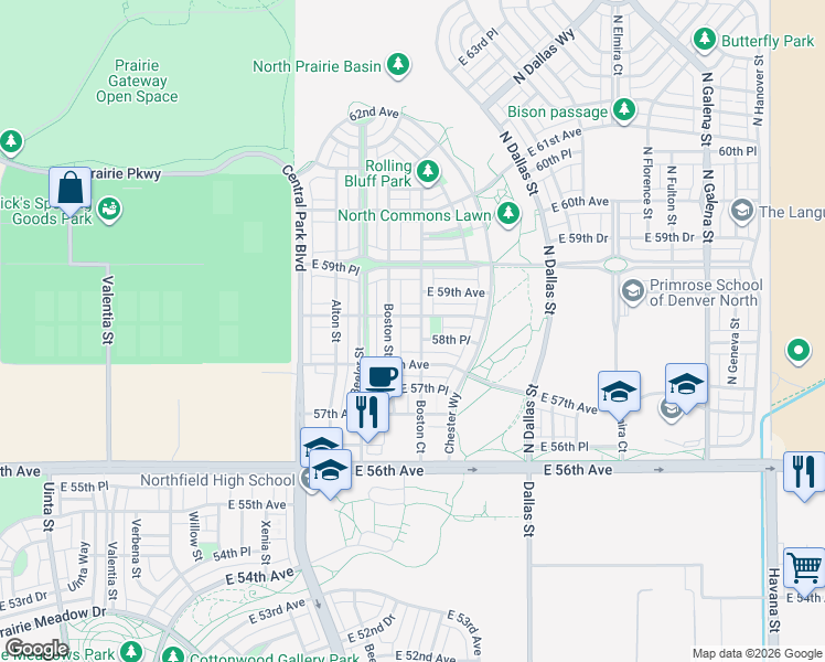 map of restaurants, bars, coffee shops, grocery stores, and more near 5855 Boston Court in Denver