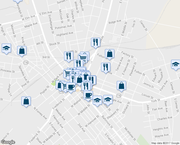 map of restaurants, bars, coffee shops, grocery stores, and more near 205 Broadway in Hanover