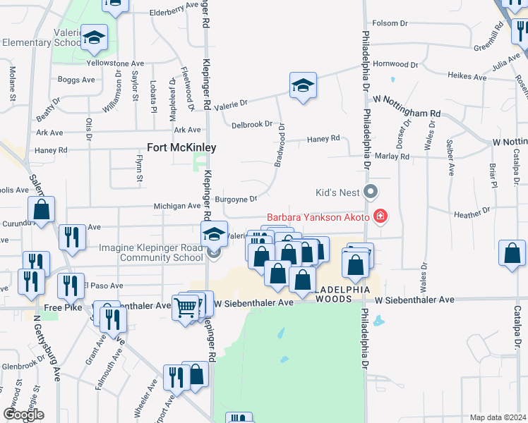 map of restaurants, bars, coffee shops, grocery stores, and more near 3247 Garvin Road in Dayton