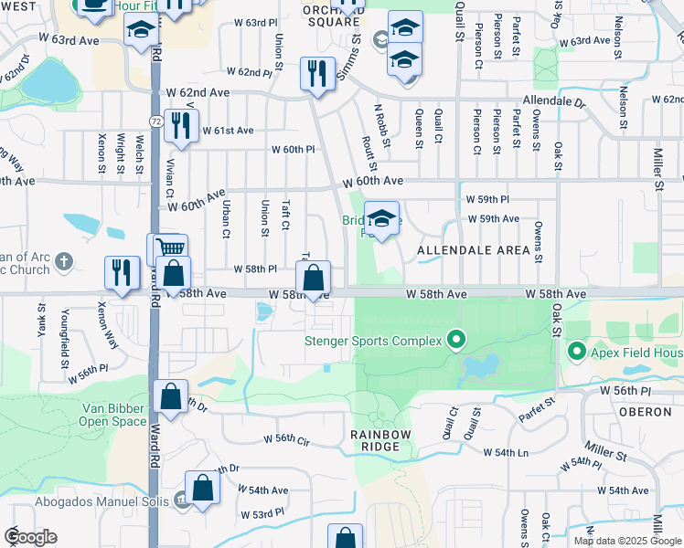 map of restaurants, bars, coffee shops, grocery stores, and more near 5815 Simms Street in Arvada