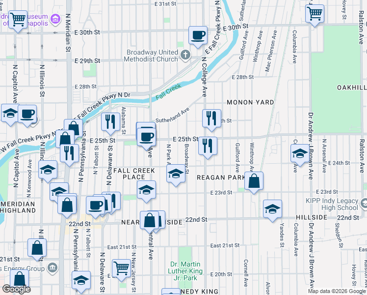 map of restaurants, bars, coffee shops, grocery stores, and more near 2448 Broadway Street in Indianapolis
