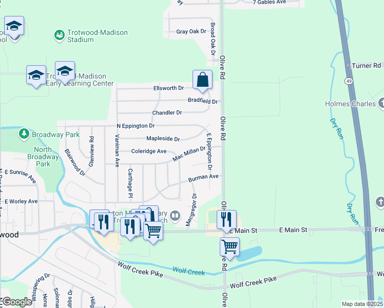 map of restaurants, bars, coffee shops, grocery stores, and more near 812 Mac Millan Drive in Dayton