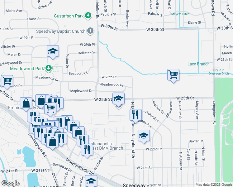 map of restaurants, bars, coffee shops, grocery stores, and more near 5361 Maplewood Drive in Speedway