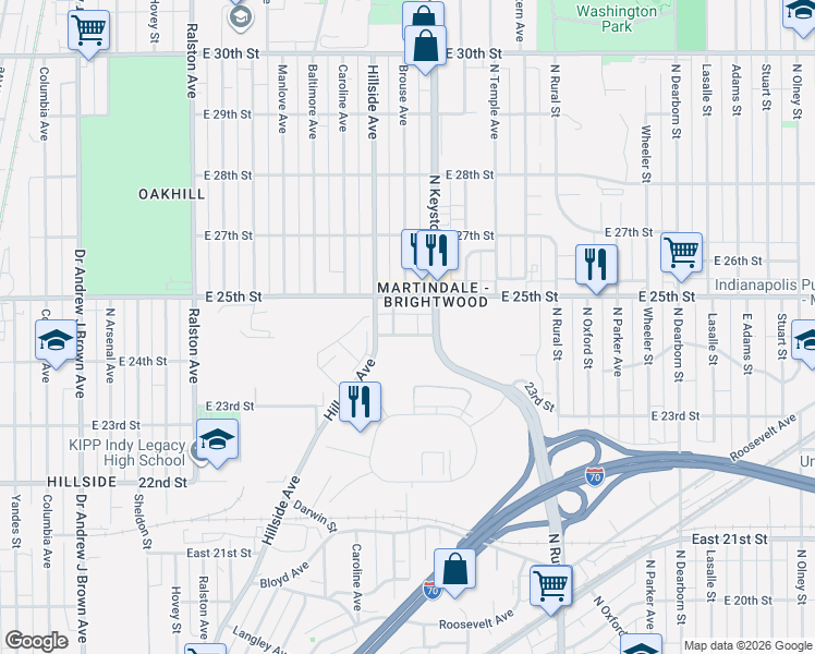 map of restaurants, bars, coffee shops, grocery stores, and more near 2308 East 24th Street in Indianapolis