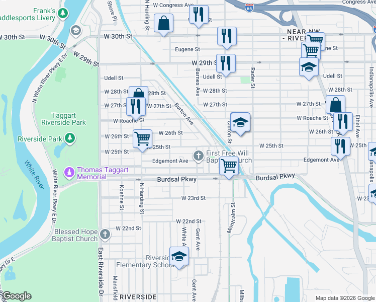 map of restaurants, bars, coffee shops, grocery stores, and more near 1227 West 25th Street in Indianapolis
