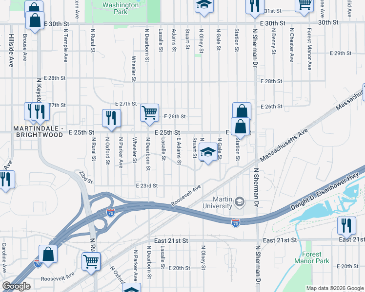 map of restaurants, bars, coffee shops, grocery stores, and more near 2407 Adams Street in Indianapolis