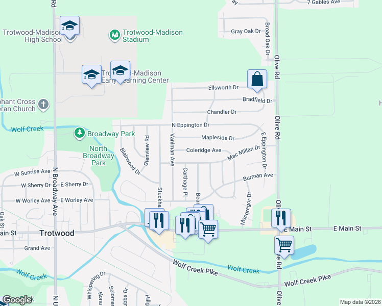 map of restaurants, bars, coffee shops, grocery stores, and more near 616 Coleridge Avenue in Dayton
