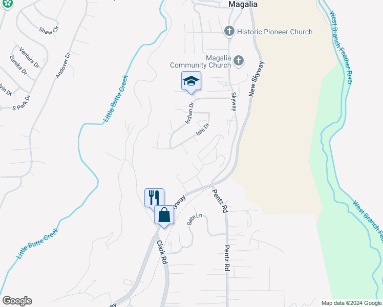 map of restaurants, bars, coffee shops, grocery stores, and more near 13578 Washo Court in Magalia