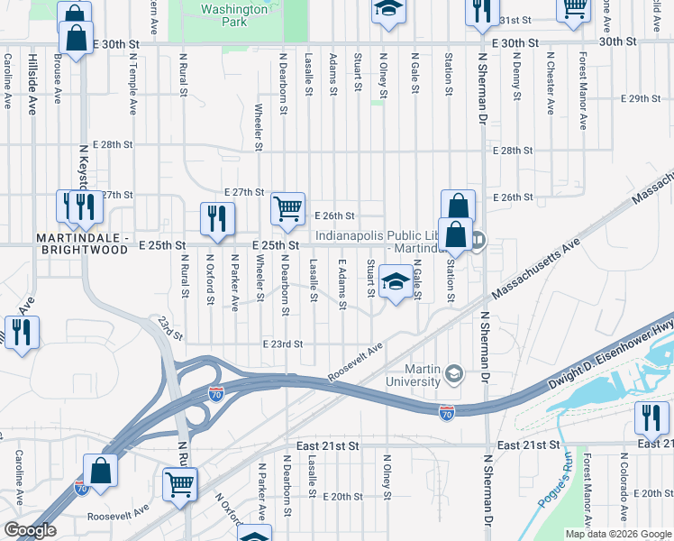 map of restaurants, bars, coffee shops, grocery stores, and more near 2407 Adams Street in Indianapolis