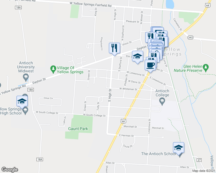 map of restaurants, bars, coffee shops, grocery stores, and more near 309 West Whiteman Street in Yellow Springs