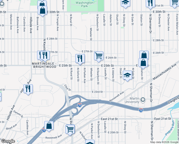 map of restaurants, bars, coffee shops, grocery stores, and more near 2426 Wheeler Street in Indianapolis