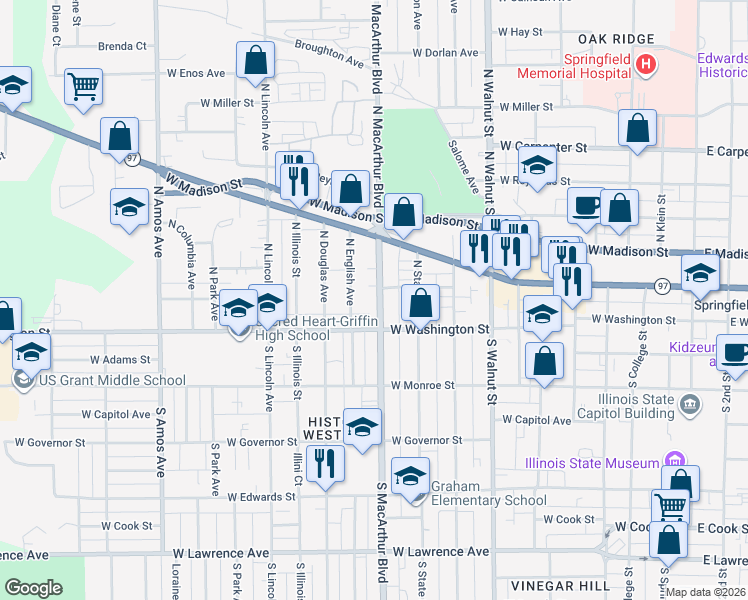 map of restaurants, bars, coffee shops, grocery stores, and more near 133 North MacArthur Boulevard in Springfield