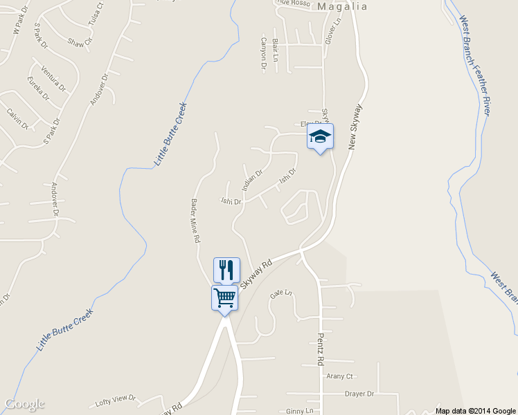 map of restaurants, bars, coffee shops, grocery stores, and more near 13587 Washo Court in Magalia