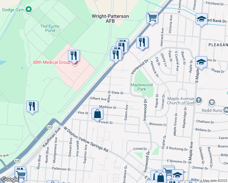 map of restaurants, bars, coffee shops, grocery stores, and more near 257 State Street in Fairborn