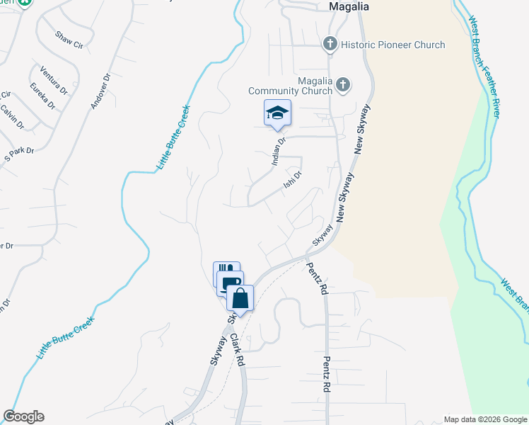 map of restaurants, bars, coffee shops, grocery stores, and more near 6680 Ishi Drive in Magalia
