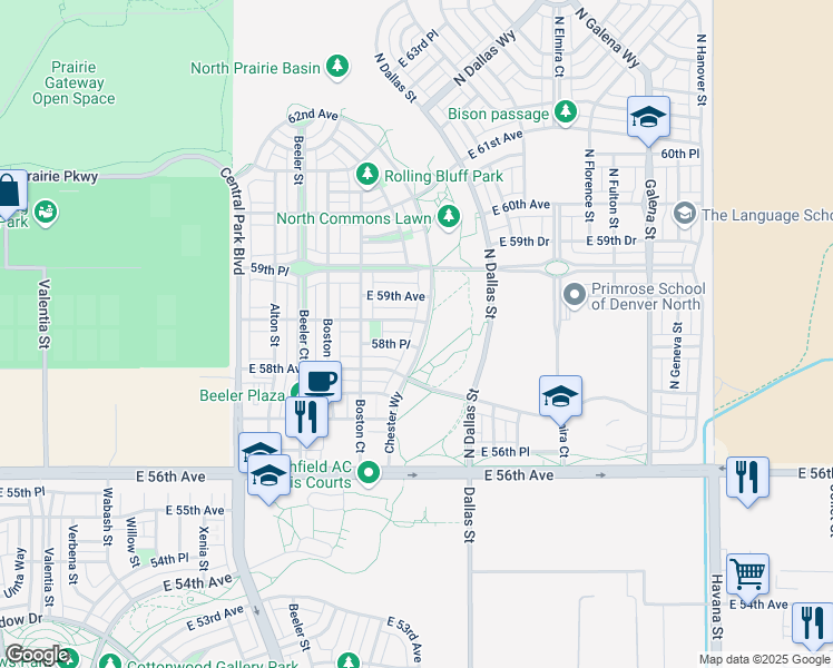 map of restaurants, bars, coffee shops, grocery stores, and more near 5865 Chester Way in Denver
