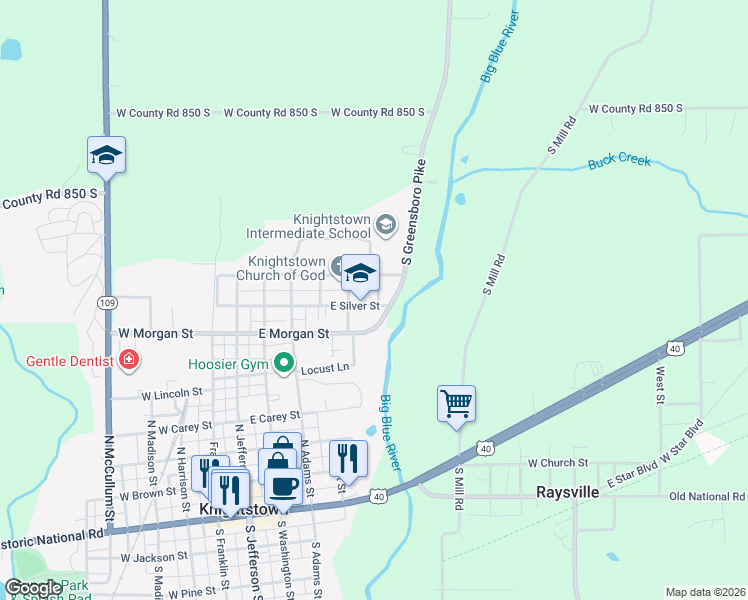 map of restaurants, bars, coffee shops, grocery stores, and more near 520 East Silver Street in Knightstown