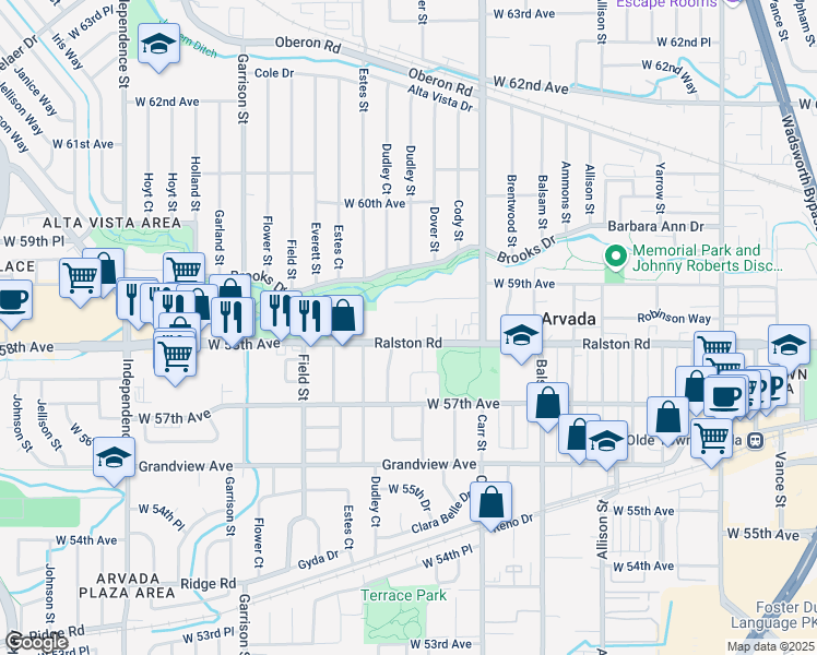 map of restaurants, bars, coffee shops, grocery stores, and more near 8707 Ralston Road in Arvada