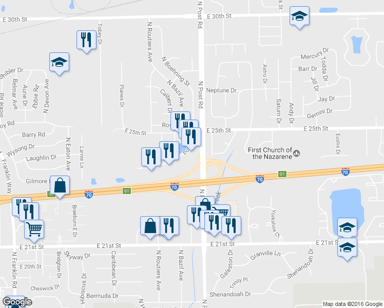 map of restaurants, bars, coffee shops, grocery stores, and more near 2403 Post Drive in Indianapolis