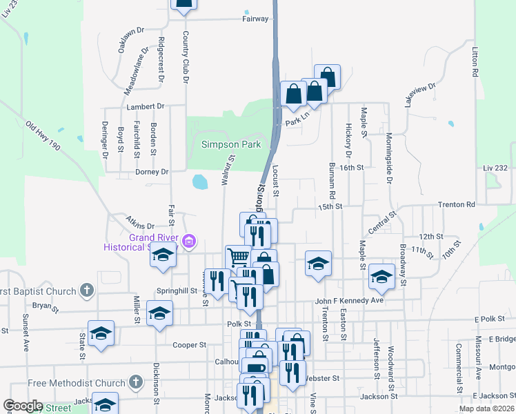 map of restaurants, bars, coffee shops, grocery stores, and more near 1500 Washington Street in Chillicothe