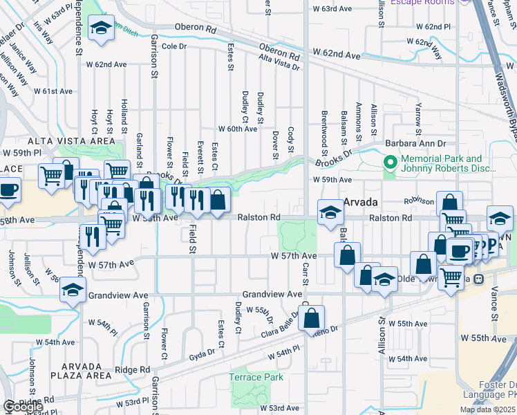 map of restaurants, bars, coffee shops, grocery stores, and more near 8707 Ralston Road in Arvada