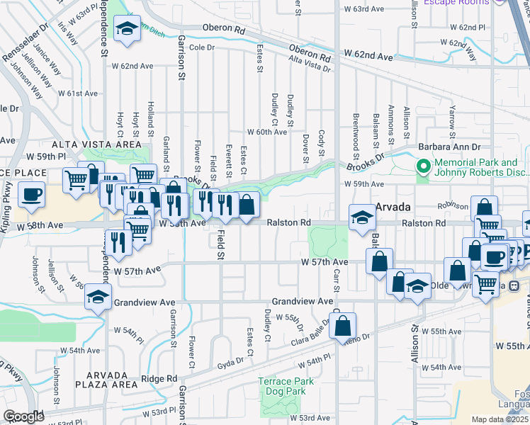 map of restaurants, bars, coffee shops, grocery stores, and more near 8707 Ralston Road in Arvada