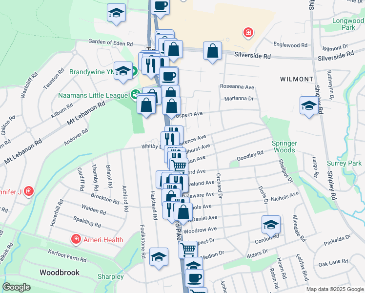 map of restaurants, bars, coffee shops, grocery stores, and more near 102 Florence Avenue in Wilmington