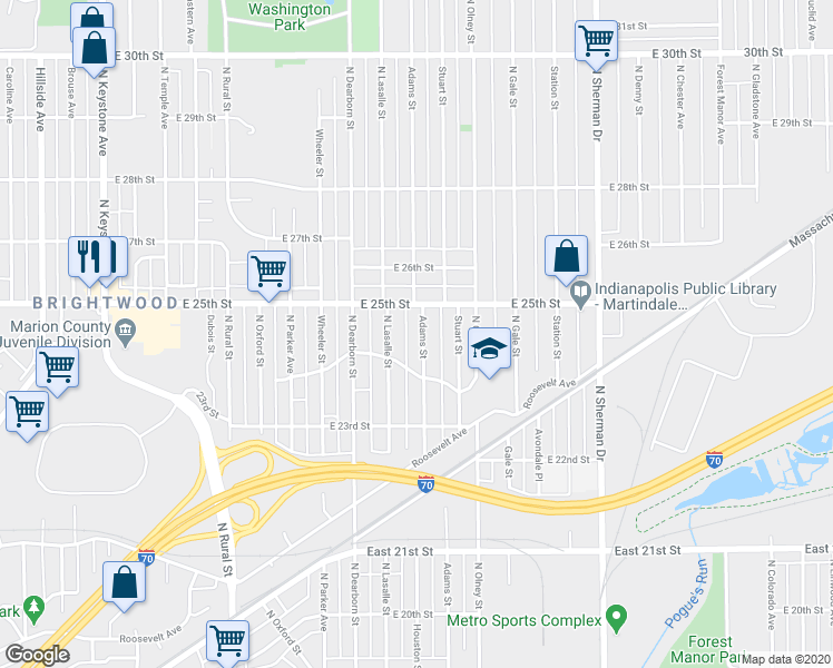 map of restaurants, bars, coffee shops, grocery stores, and more near 2407 Adams Street in Indianapolis