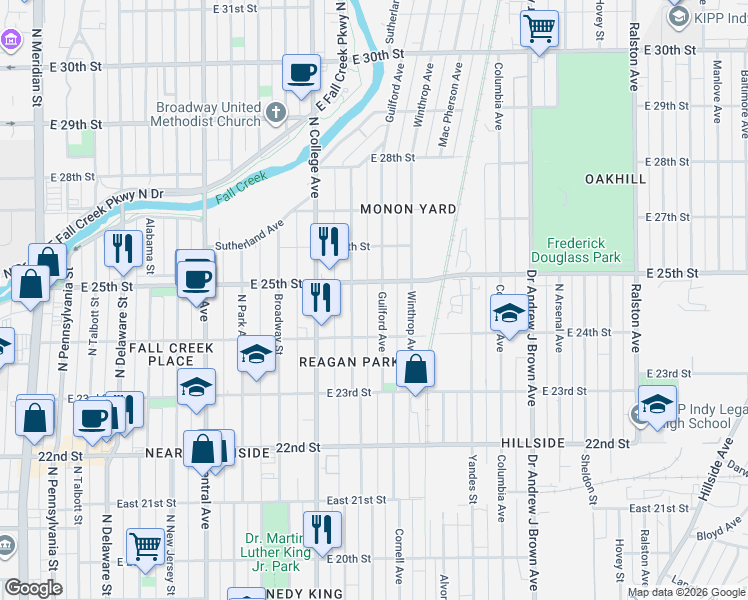map of restaurants, bars, coffee shops, grocery stores, and more near 2444 Guilford Avenue in Indianapolis