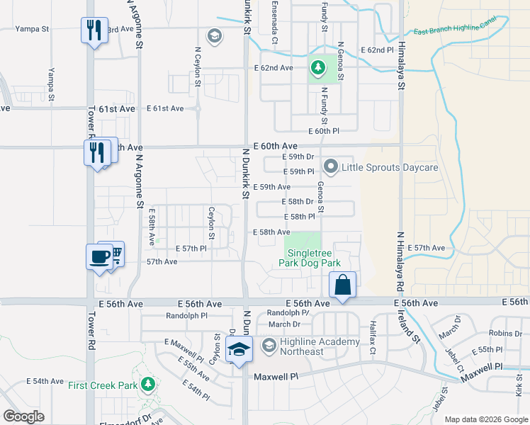 map of restaurants, bars, coffee shops, grocery stores, and more near 19427 East 58th Place in Aurora